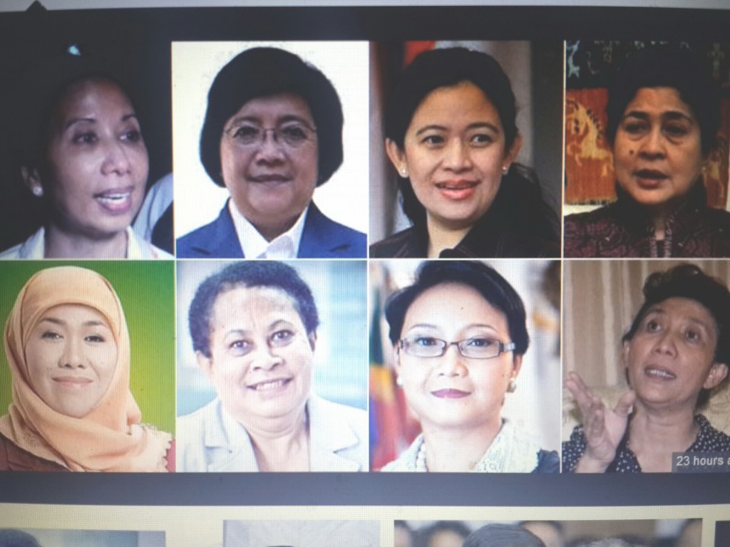 dari kiri ke kanan ataas: Rini Soemarno, Siti Nurbaya, Puan Maharani, Nila Moeloek.  Bawah: Khofifah I, Yohana Yambise, Retno Marsudi, Susi Pudjiastuti (Foto Liputan6.com)